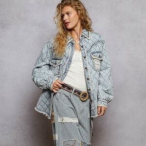 New POL “ Rochester “ POL Quilted Jacket Shirt Shacket Stud Detail Blue Denim